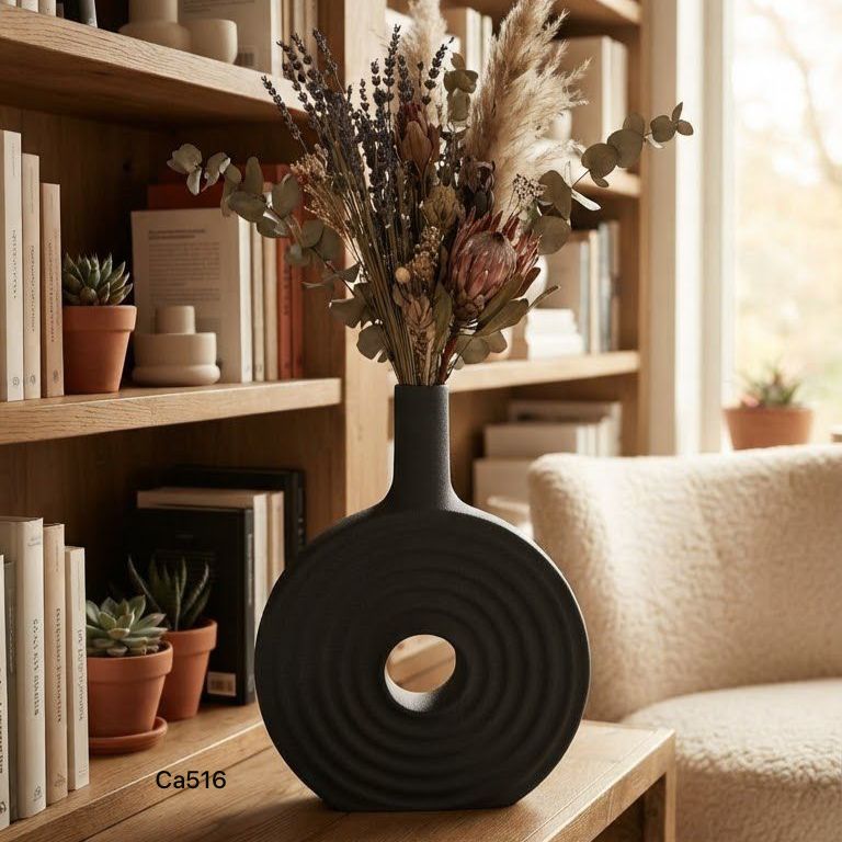 Jarron negro textura circulo ceramica 21cm* 28,2cm